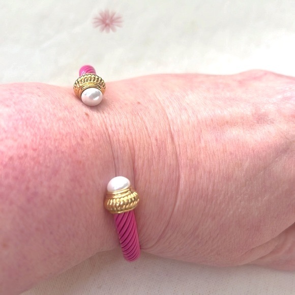 Matte Pink Twisted Cable Bangle Cuff Bracelet with Pearl Ends - Picture 6 of 8